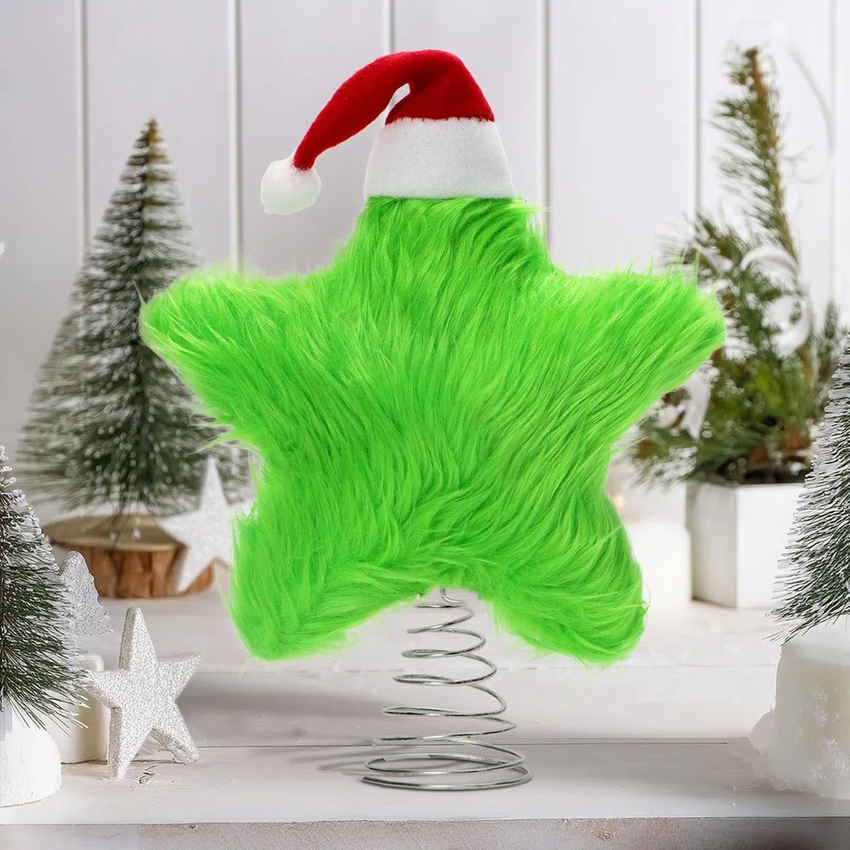 Puntale per albero di Natale in peluche, 19 cm, con mini cappello di Natale, verde