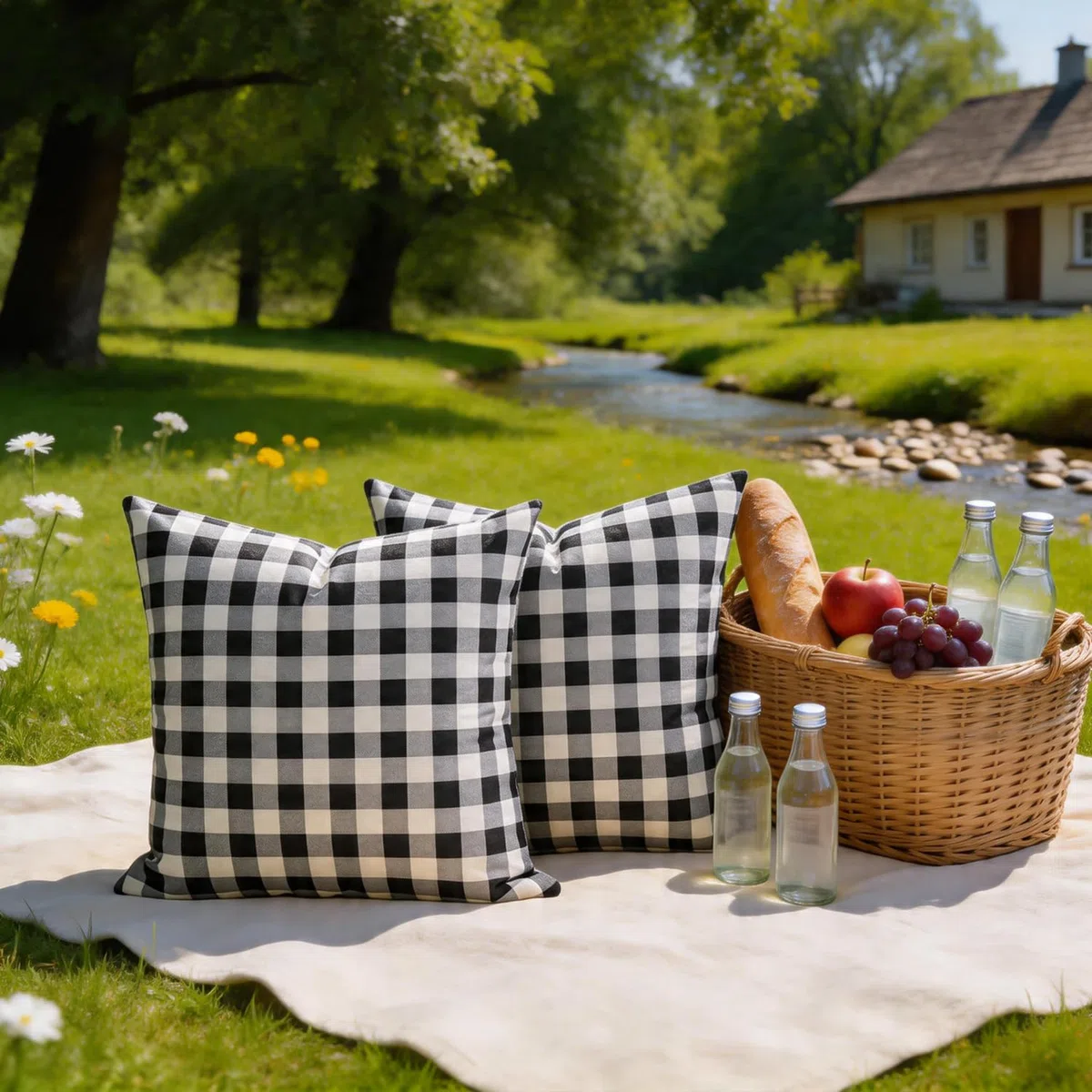 Federe per Cuscini Nero Copricuscini Moderno Primavera da Esterno a Scacchi Federe Cuscini Divano 45X45 Casa Colonica Decorazione Quadrate Fodera Cuscino Impermeabili per Soggiorno Camera Balcone