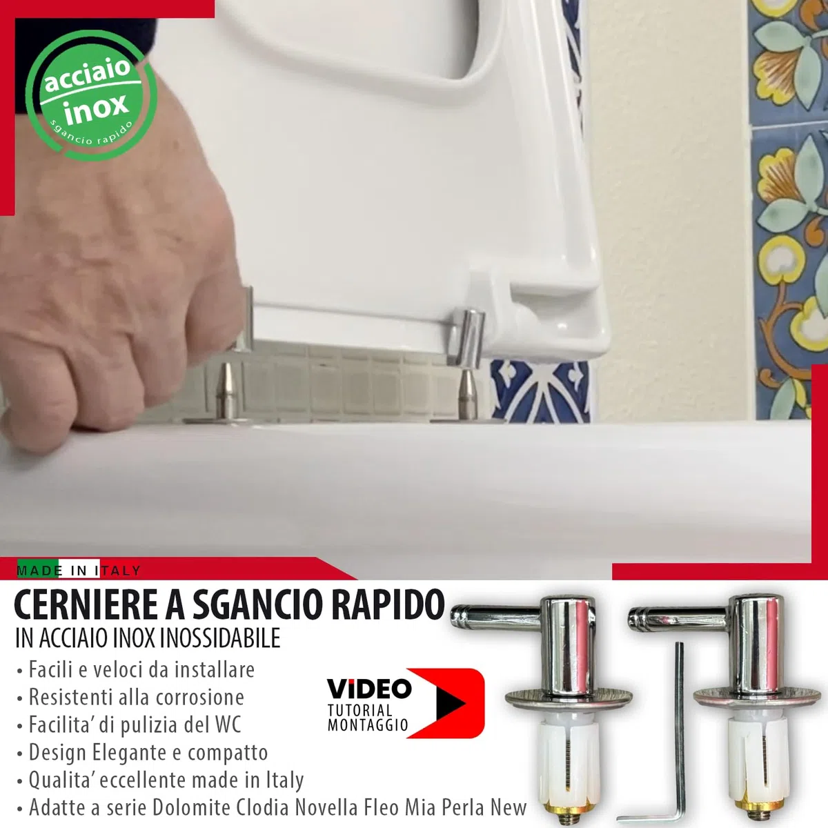 Cerniere Tavoletta WC Acciaio Inox - MASTERBRICO, Cerniere Copriwater a Sgancio Rapido, Universali per Copriwater Dolomite Clodia, Mia, Fleo, Novella, PerlaNew - Design Cromato Moderno - Set 2 Pezzi