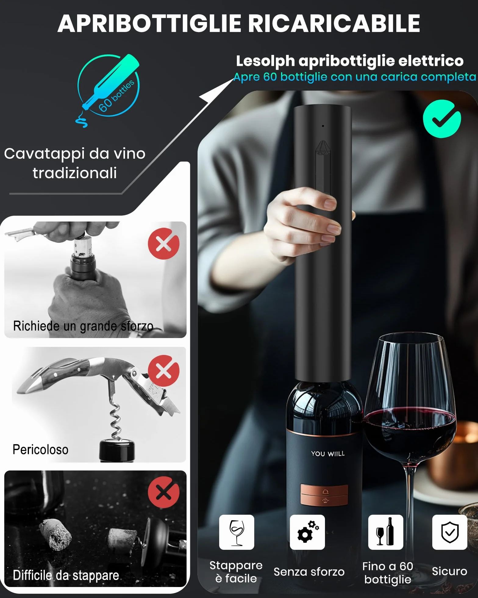 Cavatappi elettrico ricaricabile per vino con aeratore, 2 tappi sottovuoto e taglierina in alluminio, regalo uomo donna