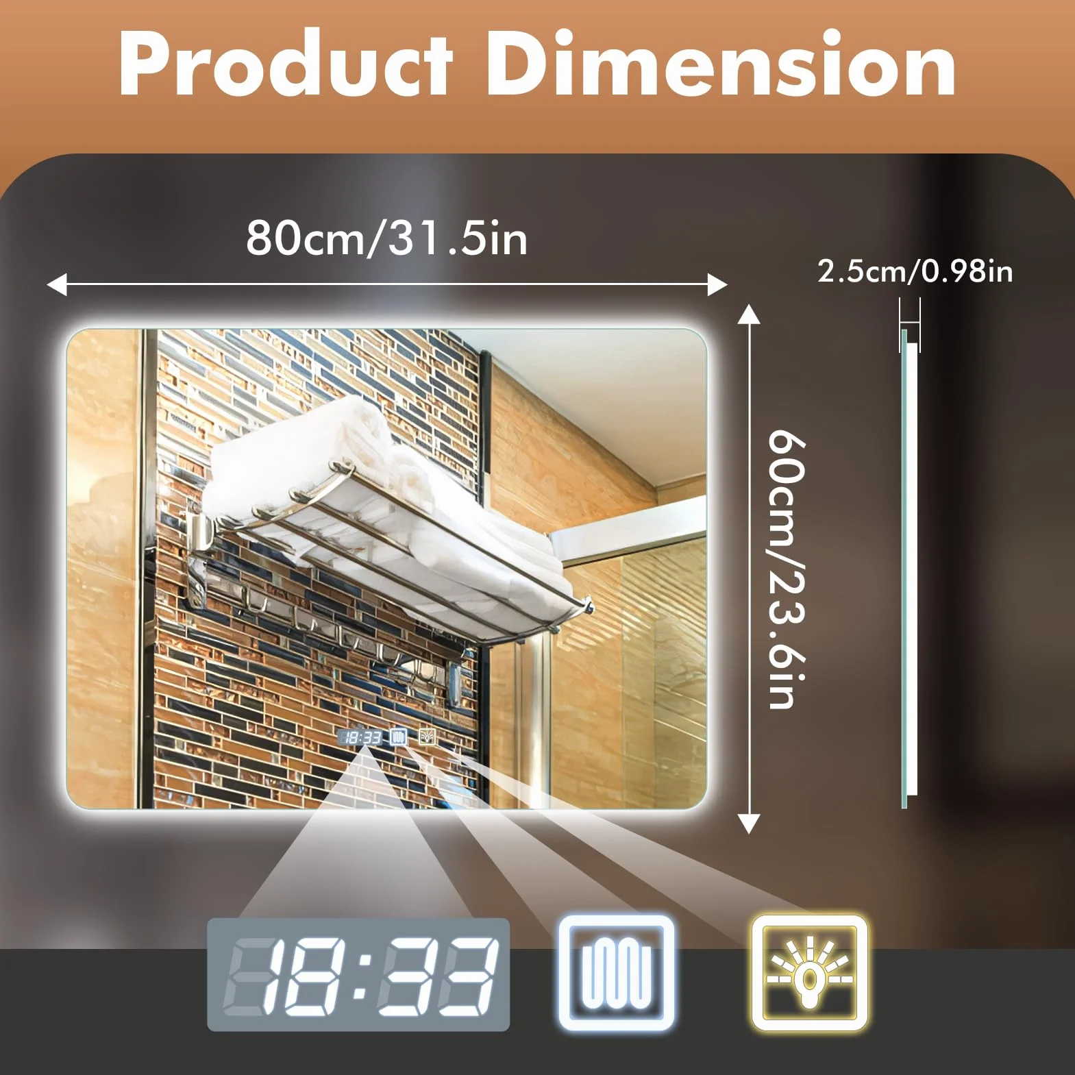 Viugreum Specchio da bagno a LED con illuminazione, 80 x 60 cm, anti-appannamento, specchio da parete, specchio da bagno, 3 colori di luce, specchio regolabile con illuminazione, interruttore touch