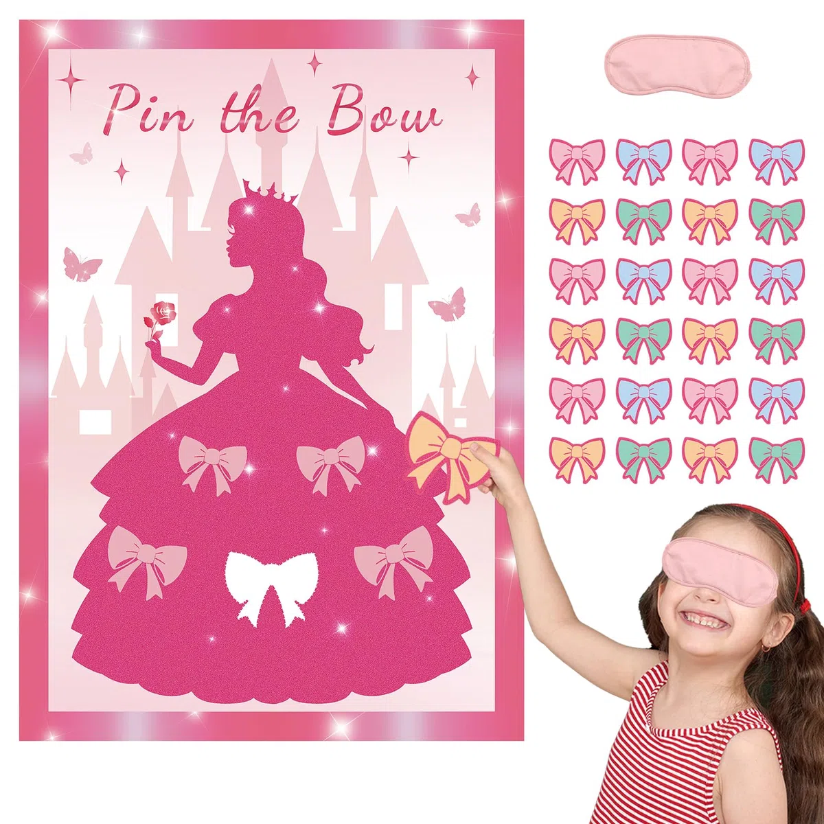 Pin the Bow - Gioco per feste per ragazze e ragazze, poster rosa con 24 adesivi con fiocco, decorazioni per feste di compleanno per bambini, poster A2, 24 giocatori
