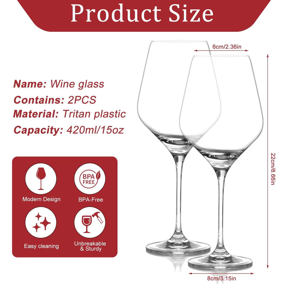 ZoneYan Calici Plastica Rigida Lavabili, 2 Pezzi Calici Vino Plastica 420ml, Bicchieri Plastica Rigida Lavabili, in Tritan, BPA-Free, Bicchieri Vino Rosso, Vino Bianco (A)