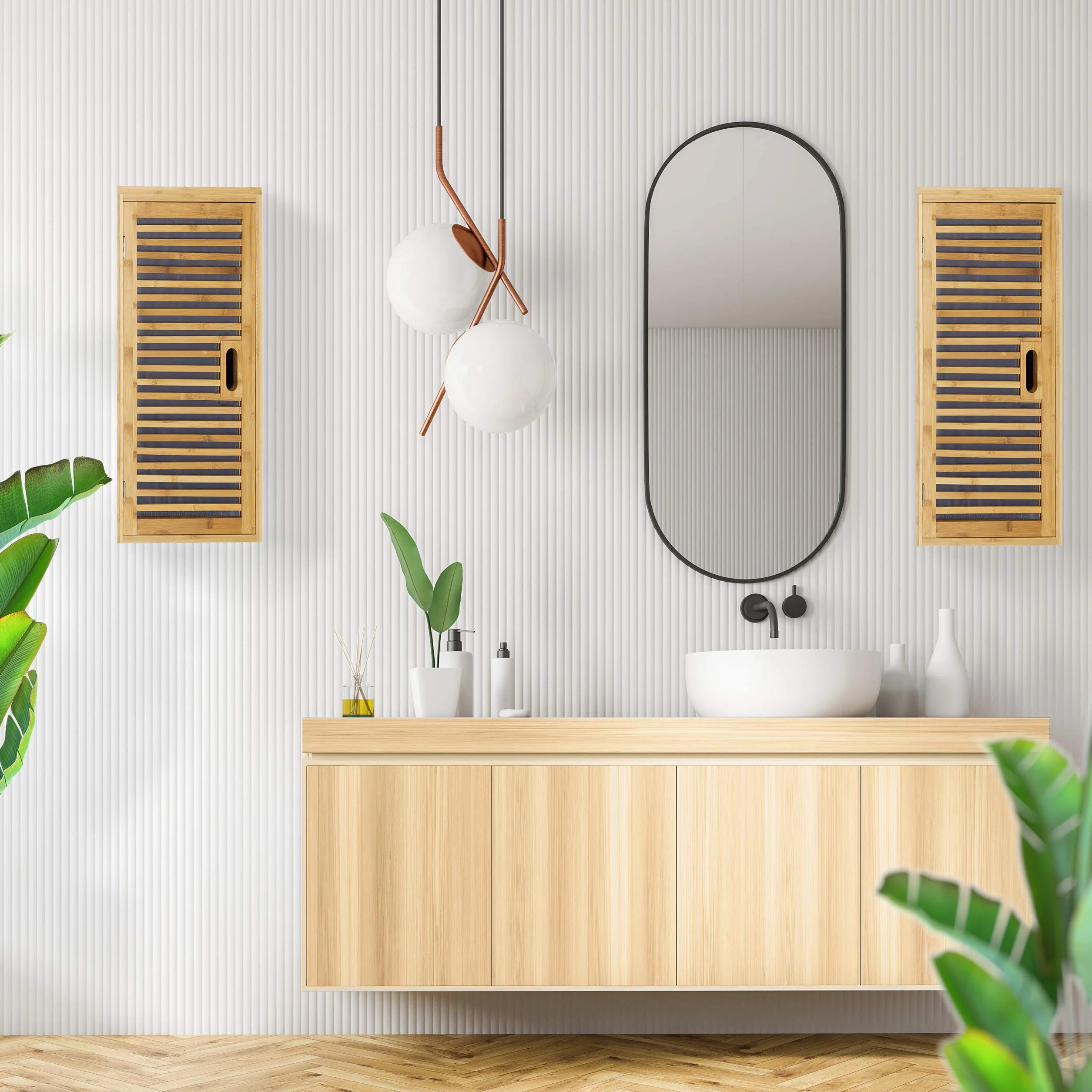 Relaxdays Armadietto da Parete per Il Bagno, Scaffale Appeso in bambù, 2 Ripiani, H x L x P: 66 x 35 x 20 cm, Naturale, Bambú, MDF, Marrone, 20x35x66 cm