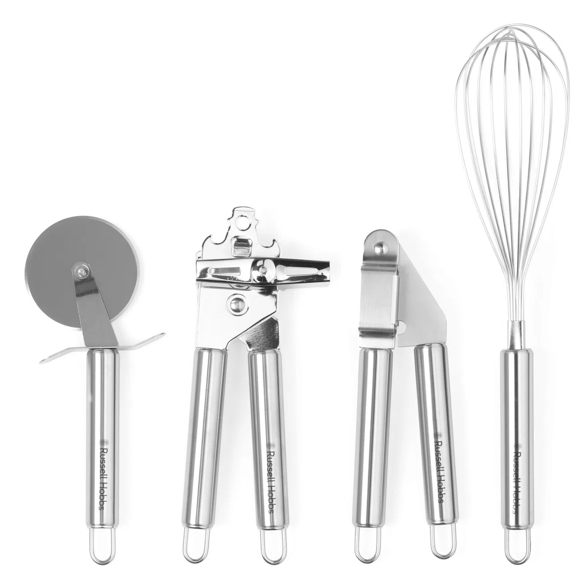 Russell Hobbs RH00124 - Set di articoli per cucina in acciaio inossidabile, argento, 4 pezzi,Comprende taglierina per pizza, frusta, pressa all'aglio e apribatti/lattine