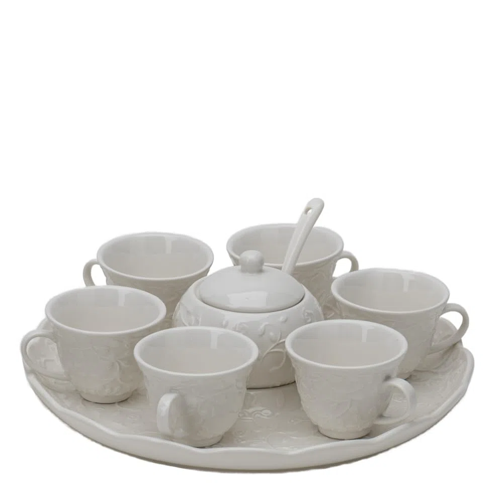 Hervit Vassoio in Porcellana Romance con 6 Tazzine da caffè e Zuccheriera con Rose in Rilievo - Scatola Regalo - Set da caffè, Tazzine caffè Espresso - Pausa caffè - Regalo Donna - Ø26cm