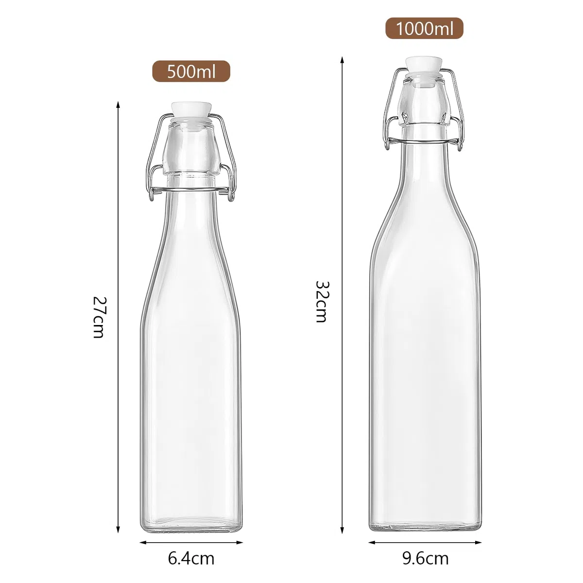 Confezione da 2 bottiglie di vetro con tappo basculante, sicure a pressione, con tappo ribaltabile, per fermentazione, aceto (quadrate, 500 ml)