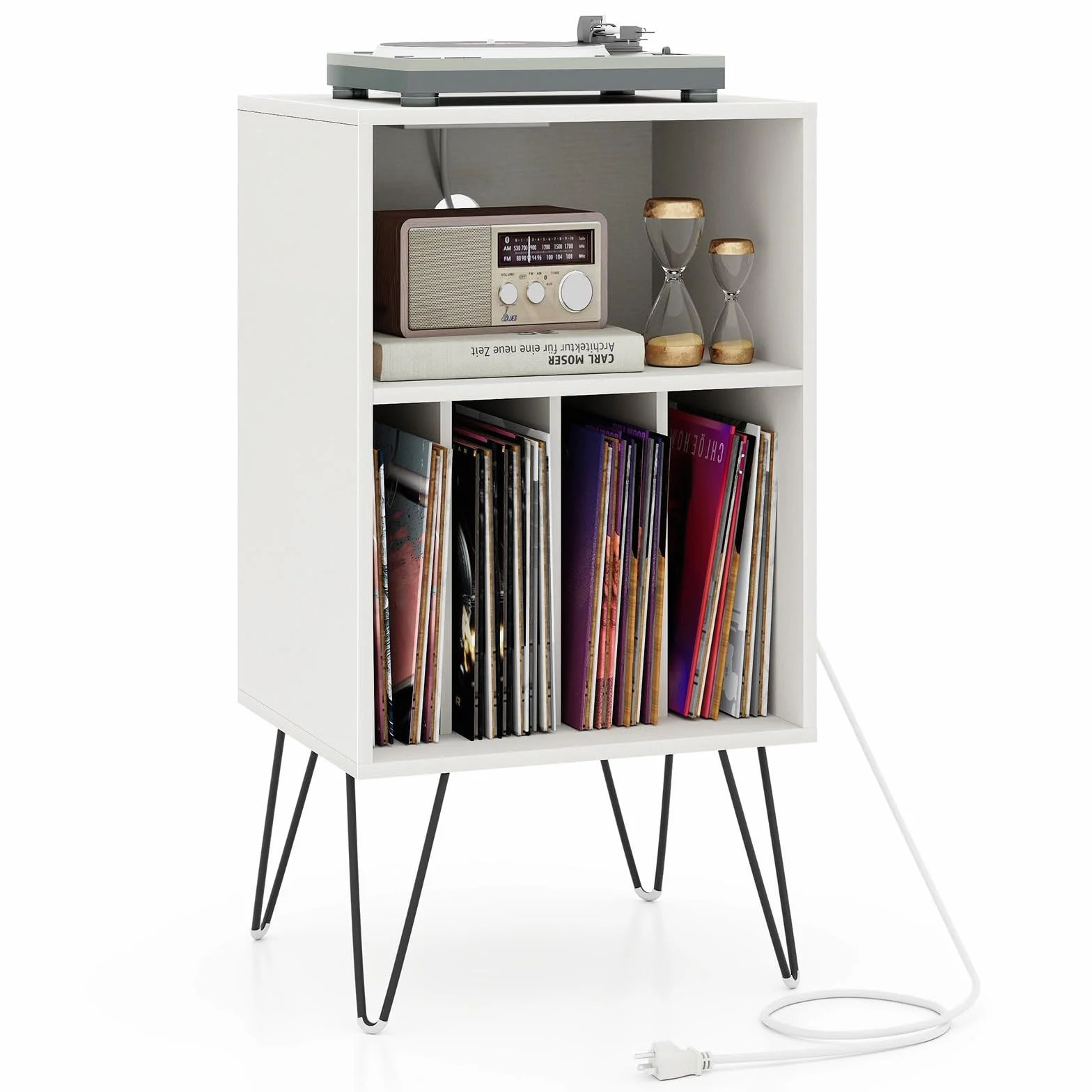 GIANTEX Scaffale per Giradischi a 3 Livelli, Stand per Giradischi Domestico con Stazione di Ricarica, Tavolo Porta Dischi in Vinile con Mensola e 4 Divisori, Scaffale Espositivo (Bianco)