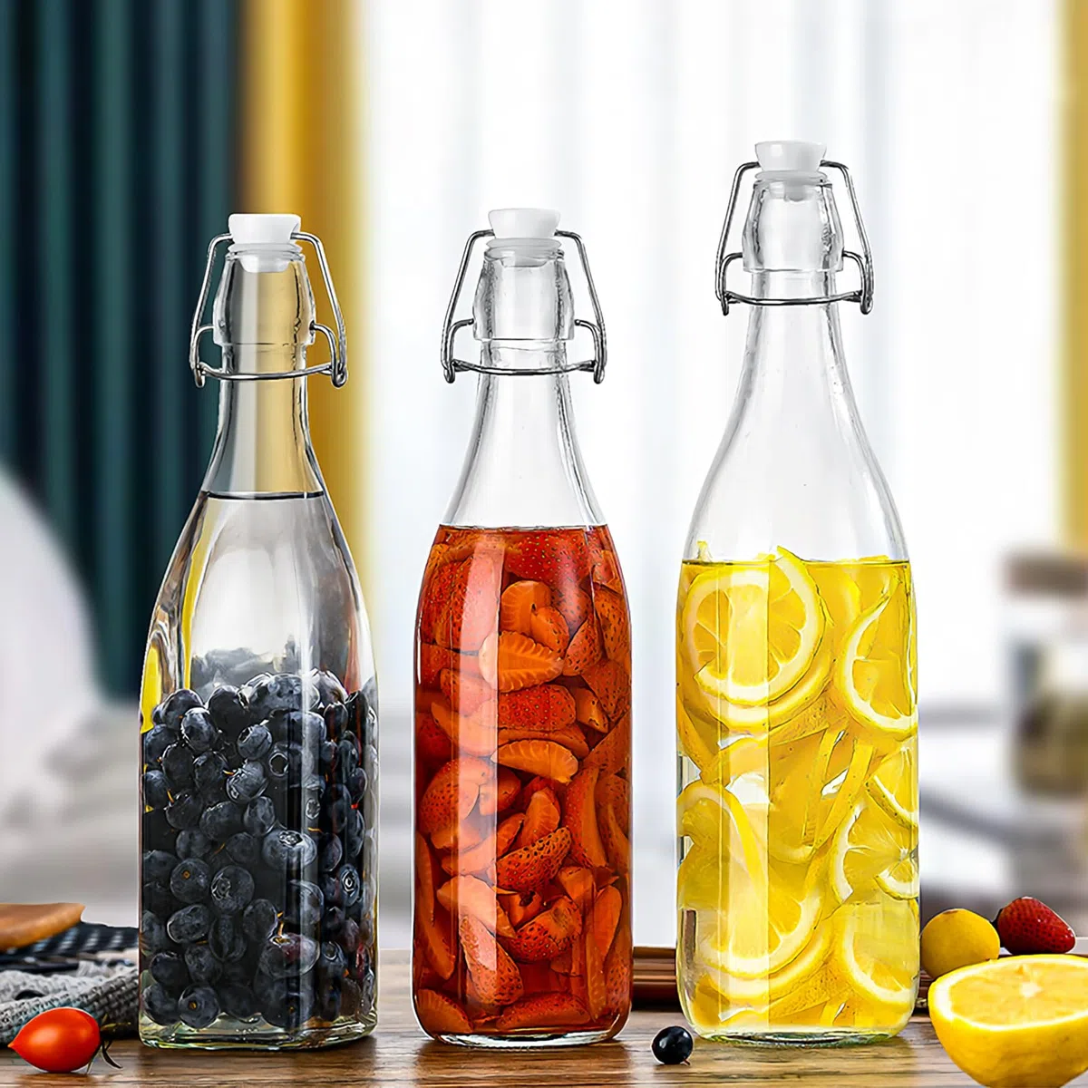 Confezione da 2 bottiglie di vetro con tappo basculante, sicure a pressione, con tappo ribaltabile, per fermentazione, aceto (quadrate, 500 ml)