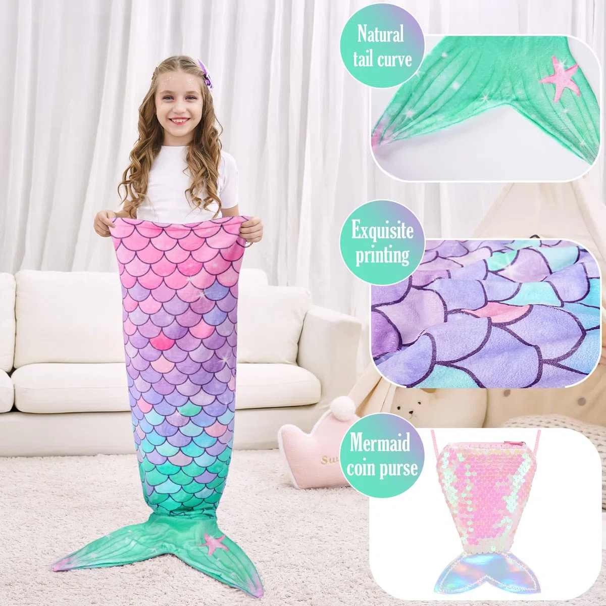 WERNNSAI Coperta con Coda di Sirena per Bambini - Coperta Indossabile con Sirena in Peluche con Paillettes Borsello portamonete 140 x 60 cm Sacco a Pelo Calda per Adolescenti Regalo (Rosa & Grün)