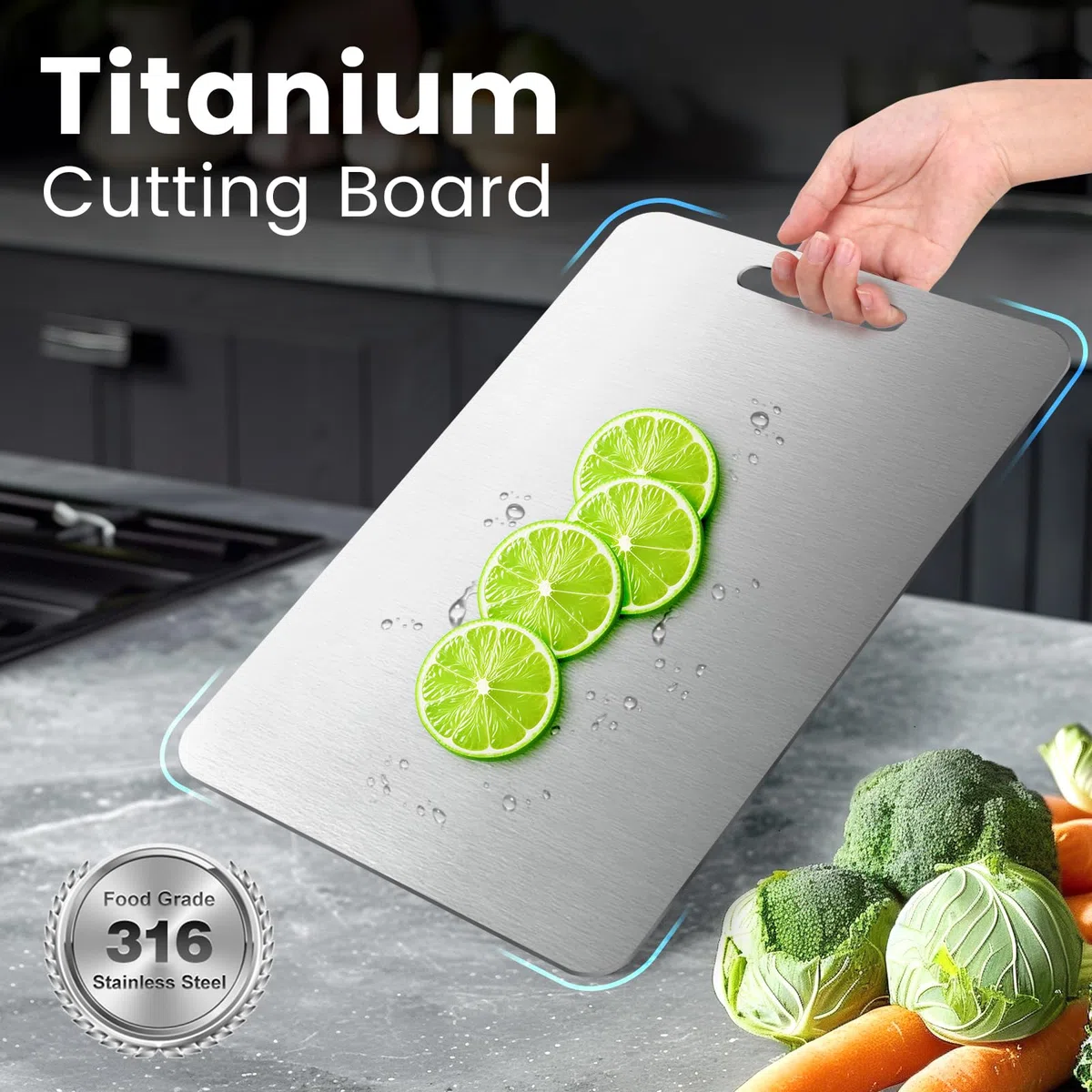 Sprifityy Tagliere in titanio,tagliere in acciaio inossidabile 316 su entrambi i lati, Tagliere In Acciaio Inox Alimentare,senza BPA,per tagliare carne,pane,verdura, frutta (34 x 23 cm)