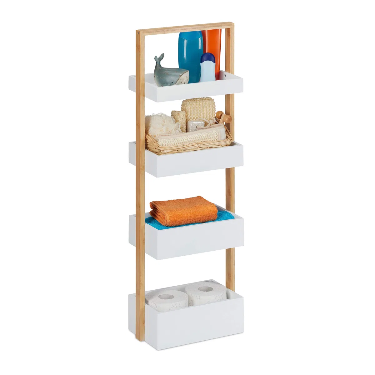 Relaxdays Scaffale da Bagno, 4 Ripiani, Mobiletto in bambù & MDF, Mobile Stretto, HLP: 88 x 30 x 18 cm, Bianco Naturale