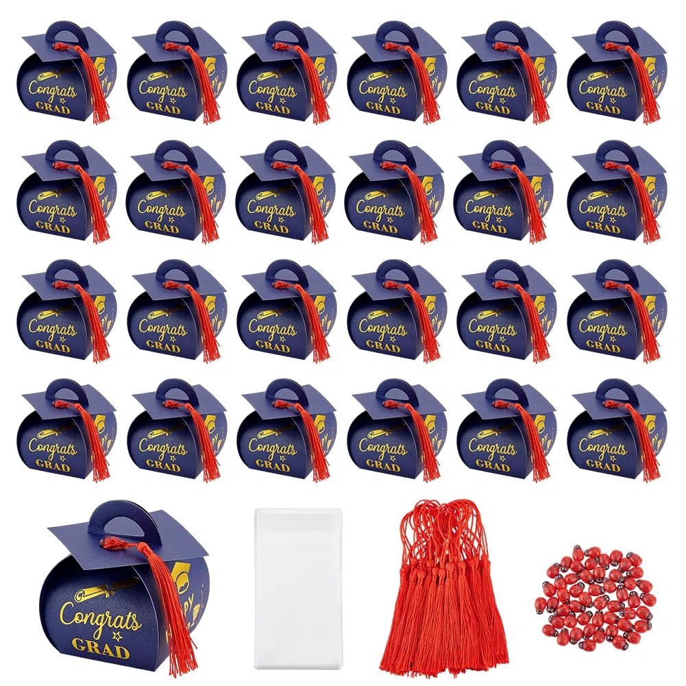 PH PandaHall 50pz Scatole di Cappello Laurea Scatole Regalo per Laurea, Blu Cappello con Nappe Rosse Cabochon in Legno per Decorazione Festa Laurea