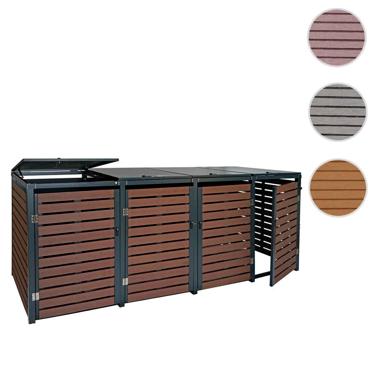 4x copribidoni box spazzatura rifiuti HWC-K14 84x264x119cm metallo WPC marrone