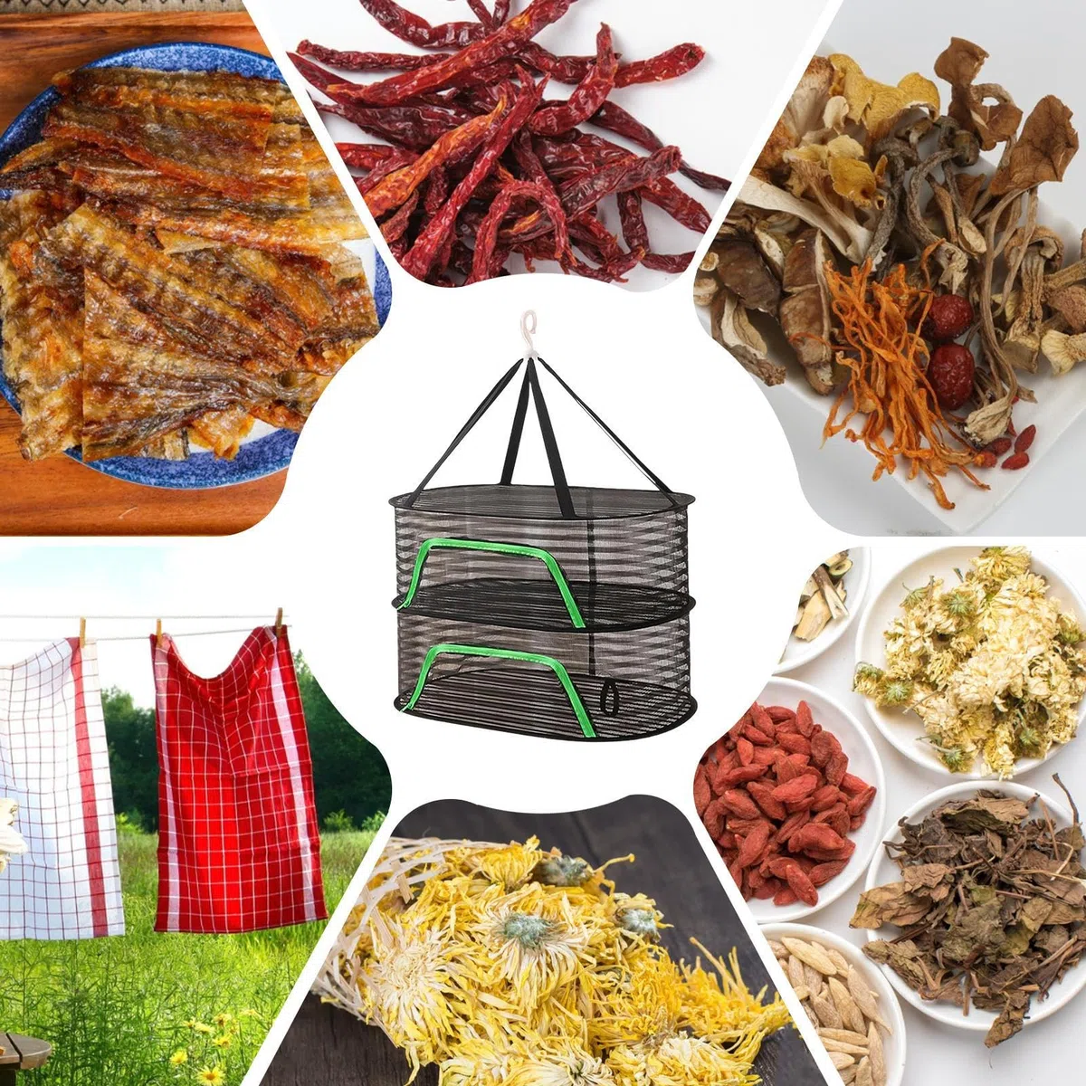 Rete di asciugatura – Scaffalatura a rete sospesa | Gabbia pieghevole ad asciugatura solare, essiccatore per erbe aromatiche impilabile, cestino per disidratare pesce portatile, rack aperto pieghevole