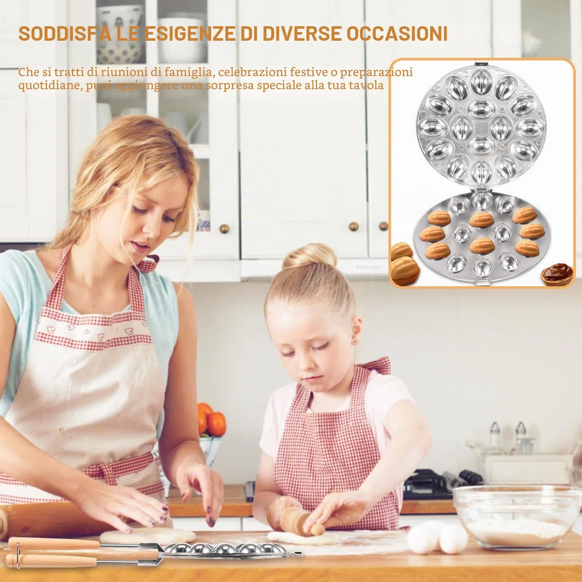 Stampo per Biscotti in Noce, 16 Fori, Manico in Legno Rimovibile, Rivestimento Antiaderente, Multifunzionale, Argento