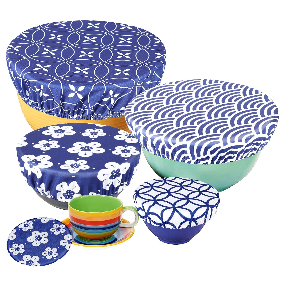 PHOGARY 5 Coperture per Alimenti, Riutilizzabili, in Tessuto, con Elastico, Coperchio Estensibile, in Tessuto Impermeabile, per Ciotola in Vetro Alato, Fiore Blu