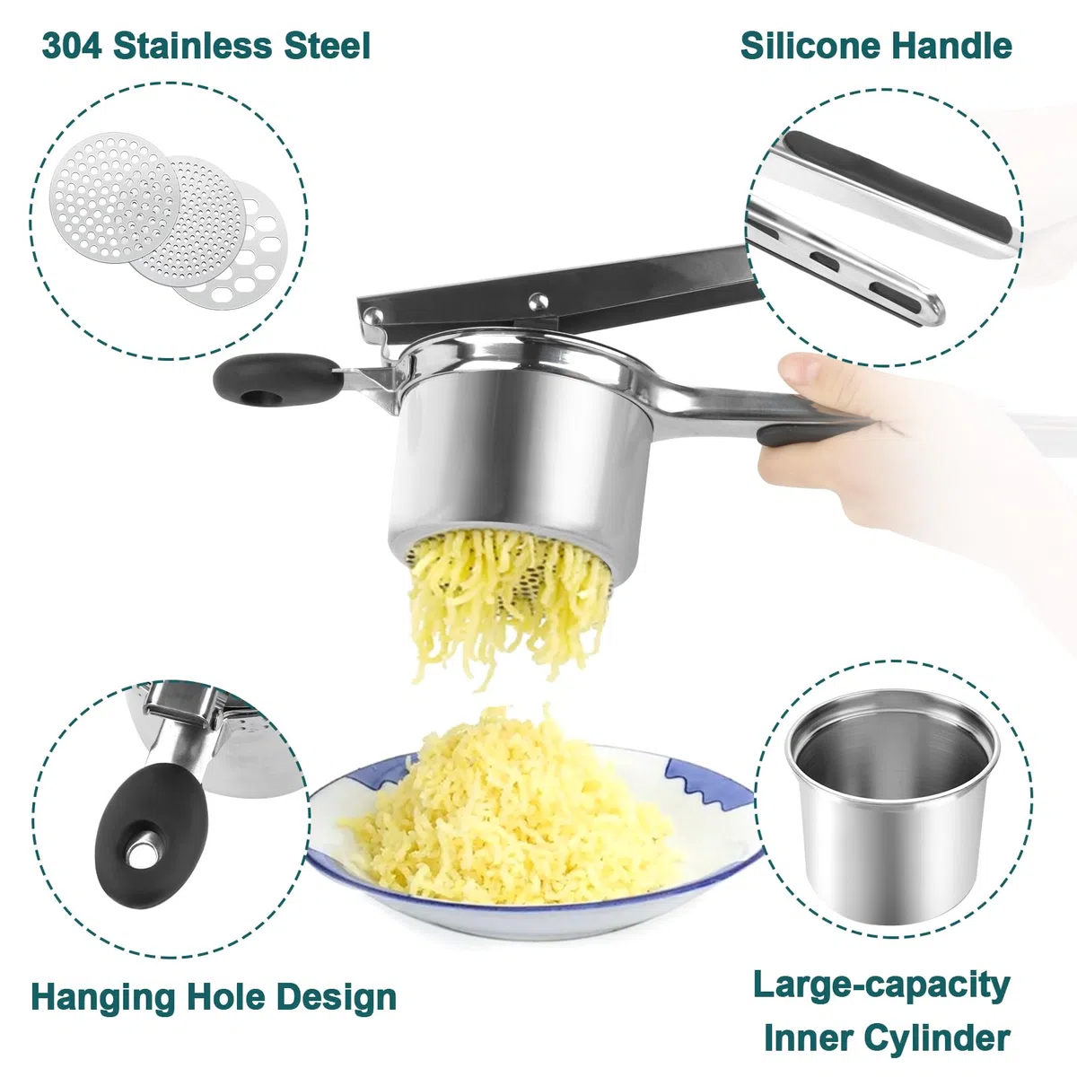 VFANDV Schiacciapatate Manuale in Acciaio Inox Con 3 Setacci Spaetzle Intercambiabili per Purè di Patate, Frutta, Verdure e Bébé
