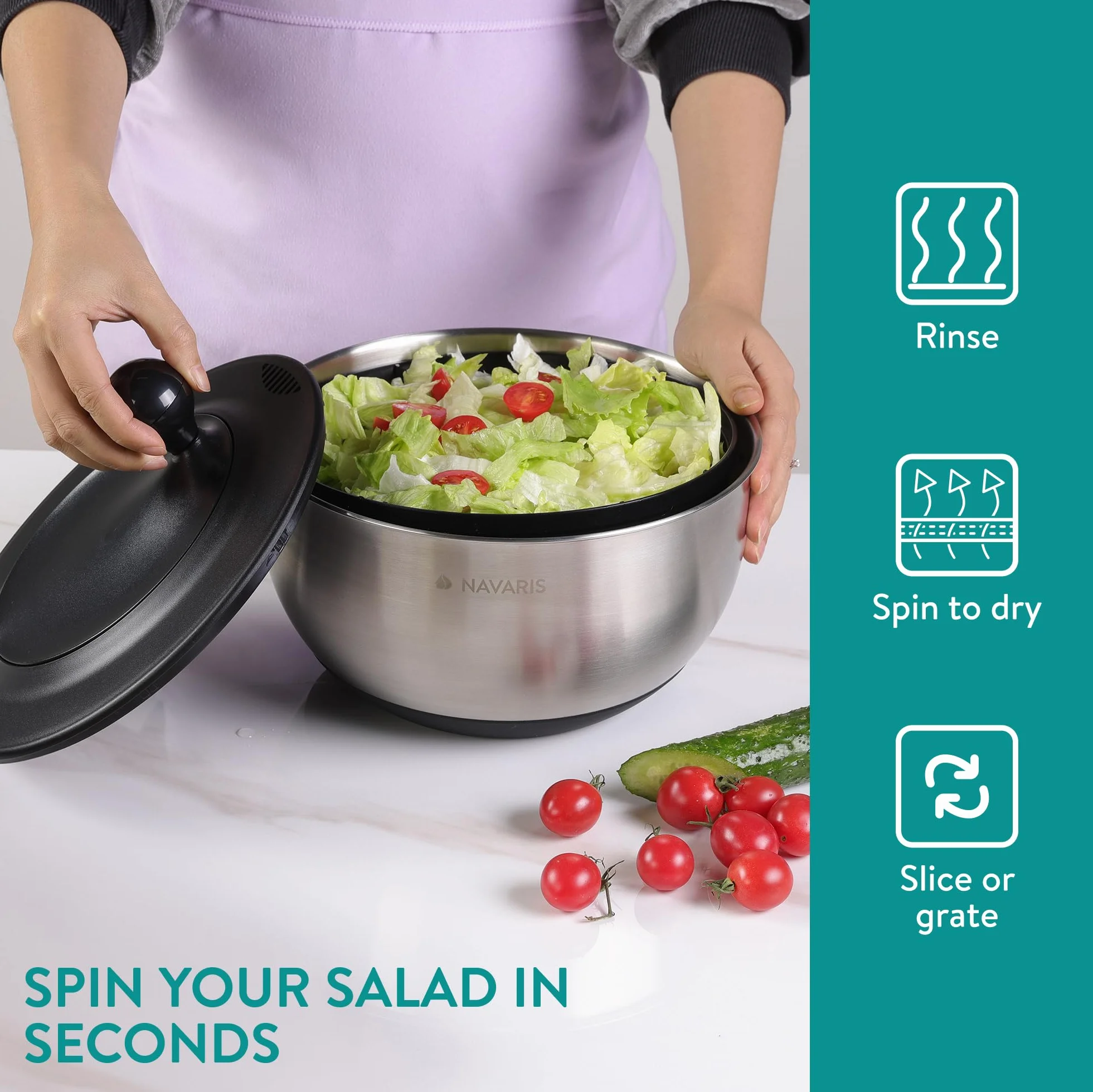 Navaris Centrifuga per Insalata con Coperchio - Gira Insalata in Acciaio Inox - Asciuga Insalata - Lavaggio Asciugatura e Rotazione Facili - con Dischi per Grattugiare e Tagliare