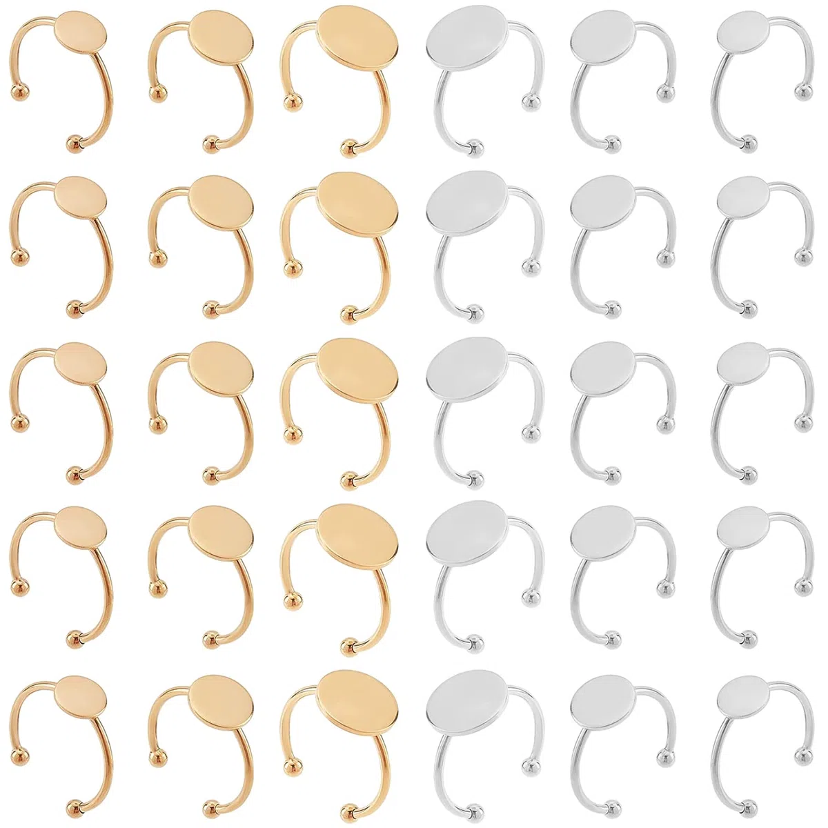 30 Pezzi Base per Anelli Regolabile in Acciaio Inox - Vassoio Piatto Vuoto per Creazione di Gioielli Artigianali Fai da Te (Oro e Argento)