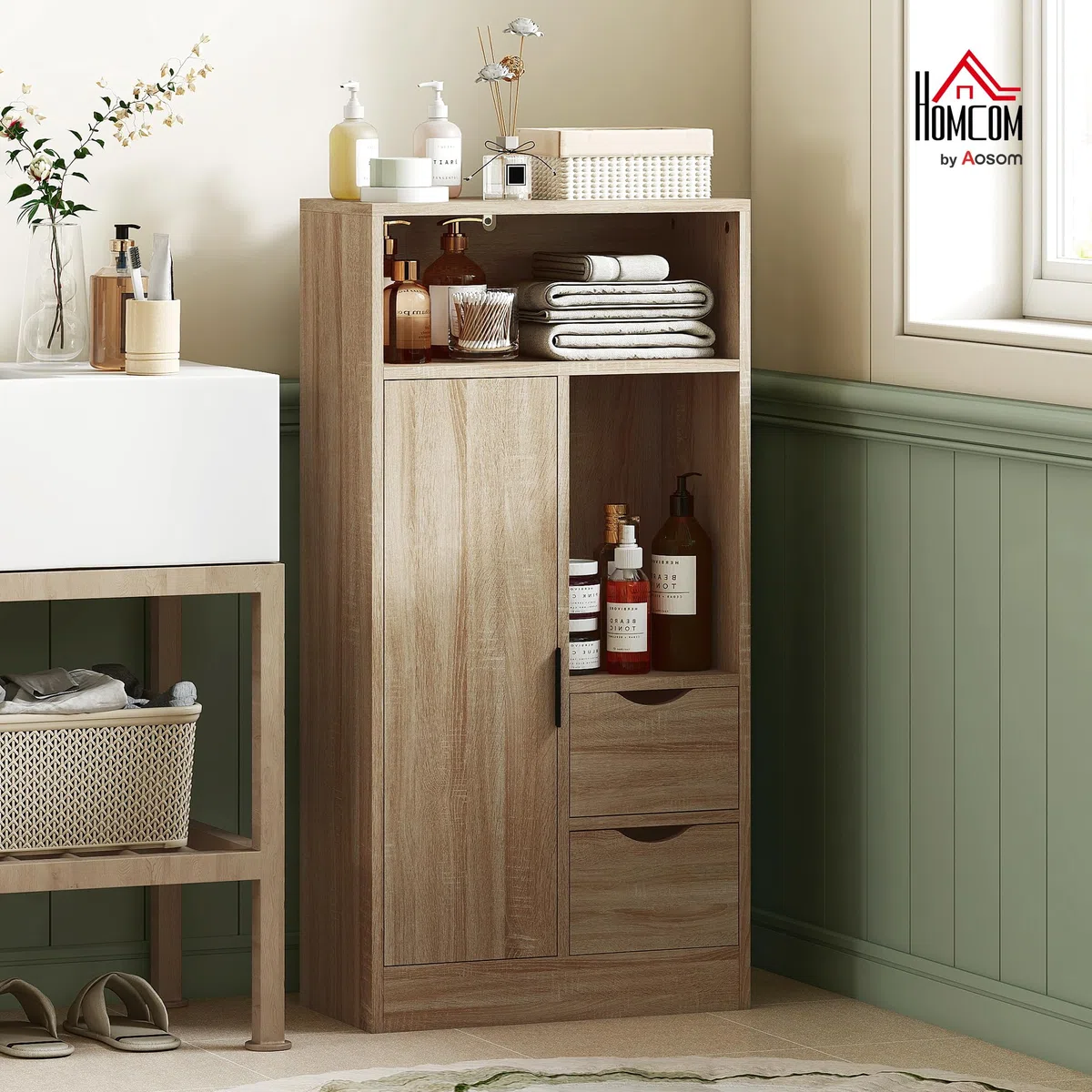 HOMCOM Mobiletto Bagno Salvaspazio Slim, Mobile Bagno con 2 Cassetti, Ripiani Regolabili a 3 Livelli e Armadietto, Stile Nordico, 50x25x100 cm, Legno Naturale