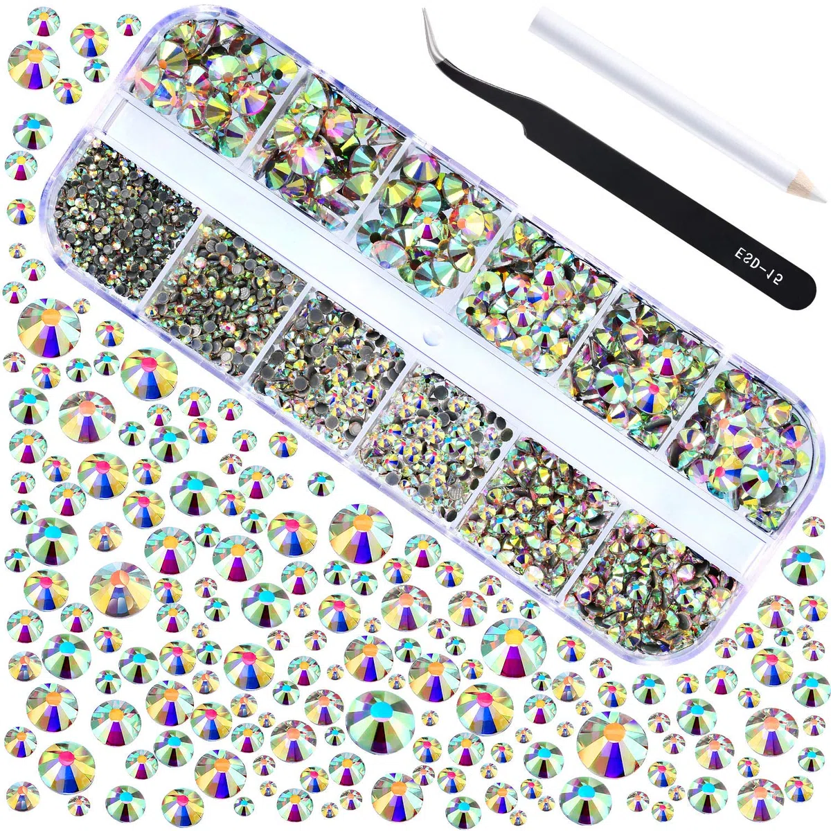 2000 strass termoadesivi in vetro, con retro piatto, termoadesivi, rotondi, 1,5-6 mm (SS4-SS30), in scatola, con pinzette e penna per strass (cristallo AB, 6 misure)