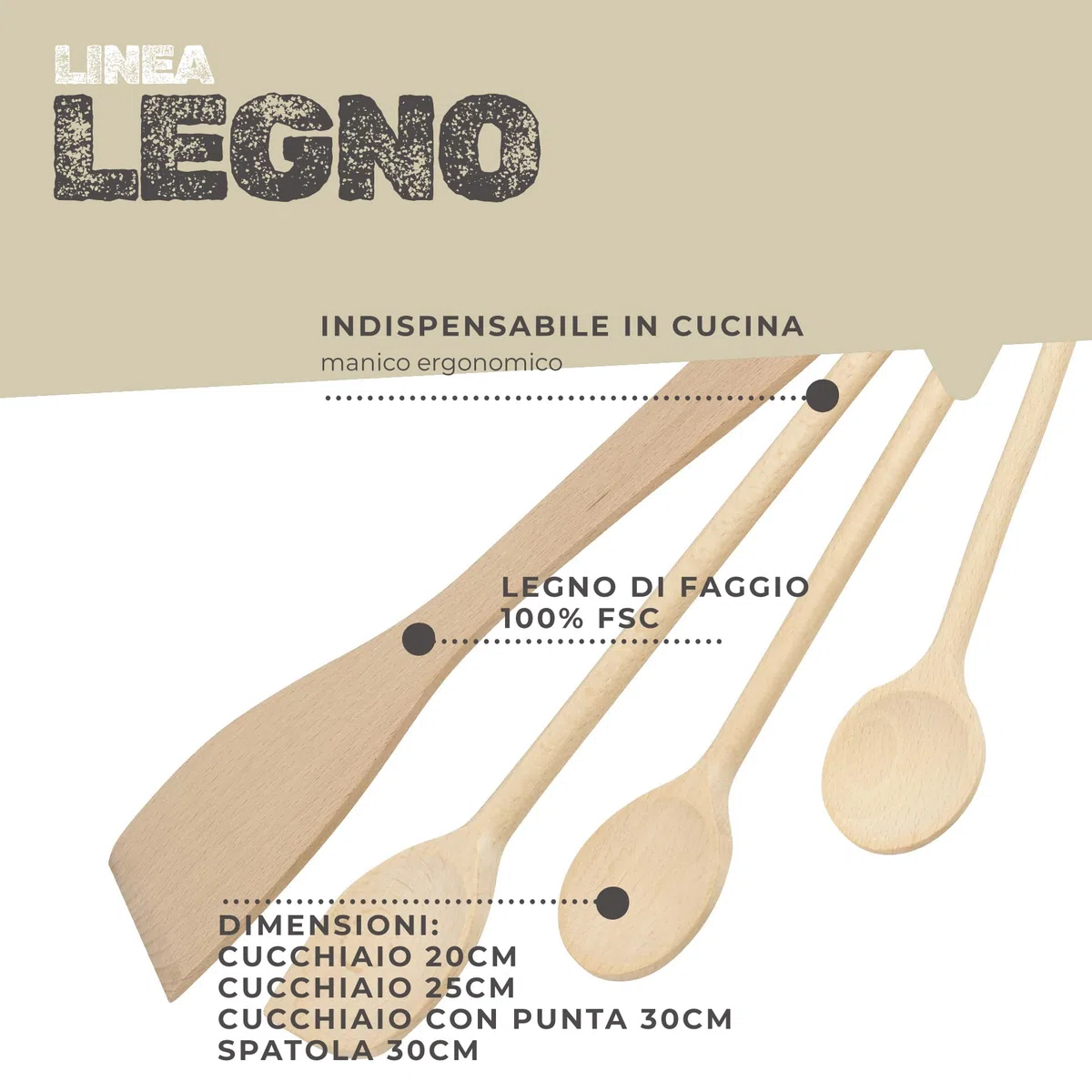 Fackelmann Set di 4 Utensili da Cucina in Legno Certificato FSC, Spatole e Cucchiai, 20 cm, 25 cm, 30 cm, Marrone