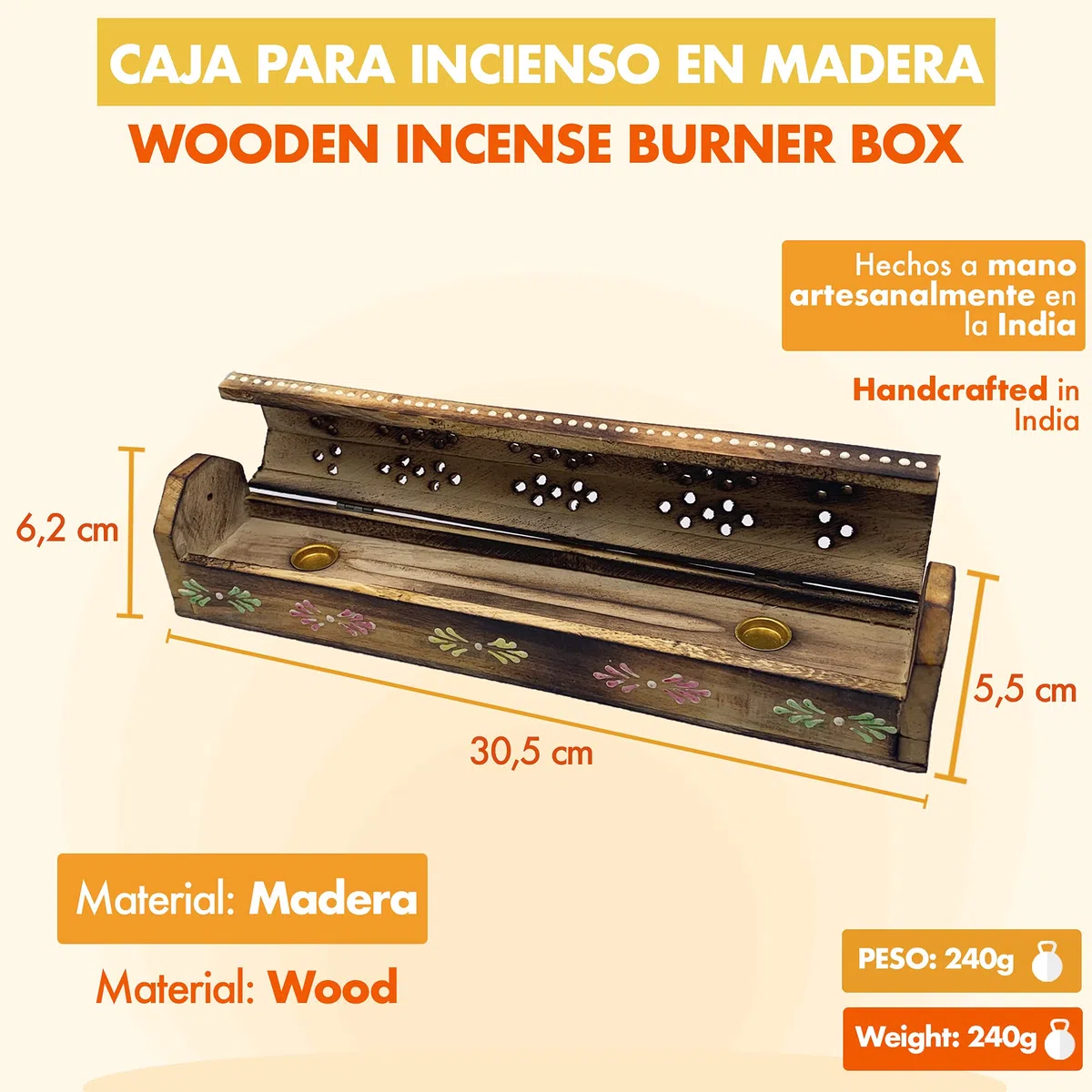 Bruciatore incenso (incensario) scatola di legno decorata a mano in India - Esclusivo disegno di sponde bianche ed elefanti 30,5 x 6,2 x 5,5 - - Peso 240 g. Porta incenso legno