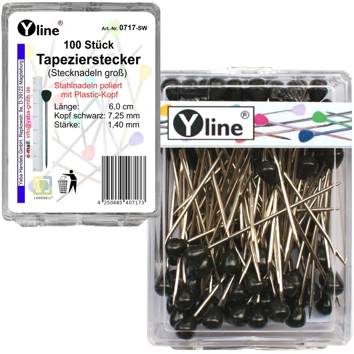 Spilli da tappezziere, set di 100 pezzi con testa in plastica nera ca. 60 mm, spilli per gioielli, misura grande, 0717-SW