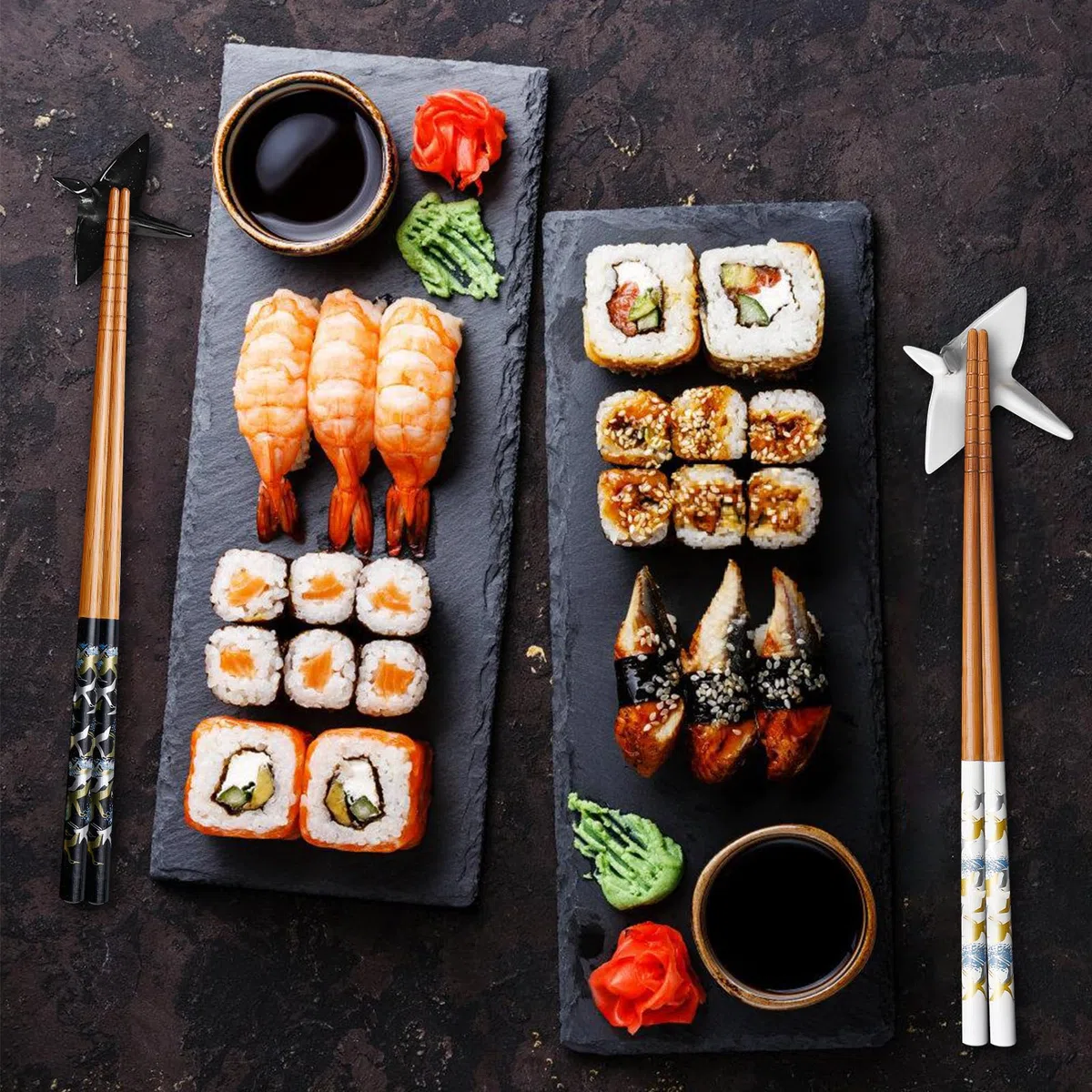 BAIFULAI Set di 2 bacchette per sushi in legno con supporto per gru in ceramica, sostenibili Chopsticks giapponese, cinese, coreano, taiwanese, regalo giapponese
