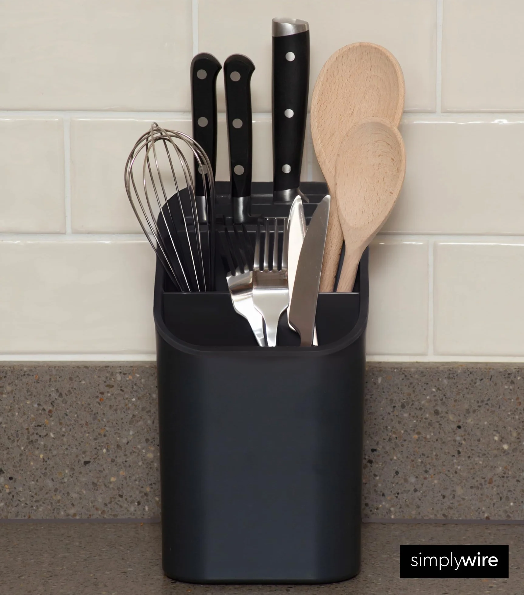 simplywire - Portaoggetti per Lavello - Organizer per Utensili da Cucina con Portacoltelli - Portaposate - Vassoio Raccogligocce Rimovibile - Antiscivolo - Nero