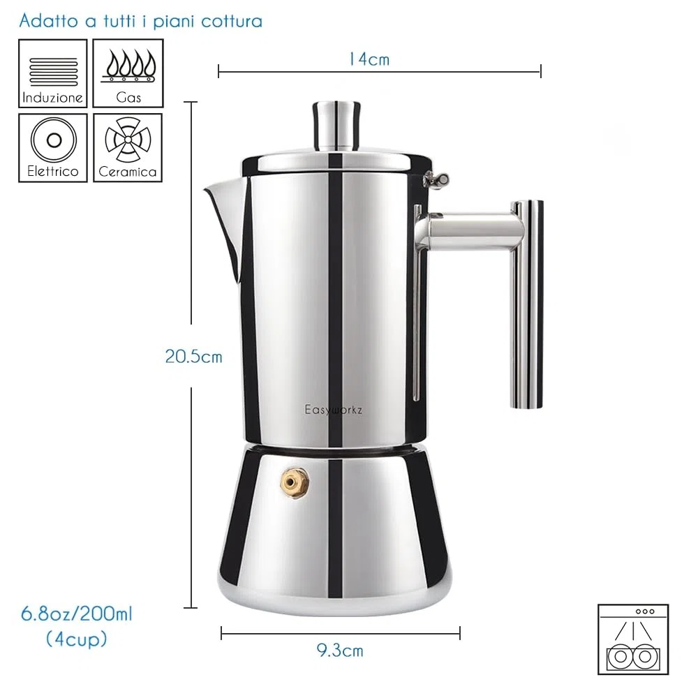 Easyworkz Diego Caffettiera Macchina per Espresso Italiana in Acciaio Inox 4 Tazze,200 ml, per fornello