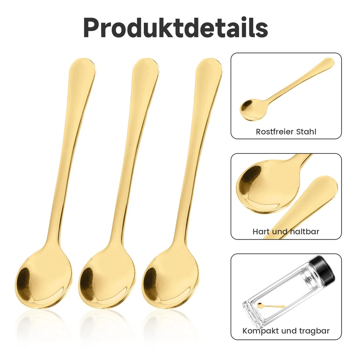 10 pezzi di cucchiaini da espresso mini, in acciaio inossidabile. Piccoli cucchiai compatti e portatili. Adatti per spezie, sale, miele, cucchiaini da tè, cucchiaini da caffè italiani (7,5 cm Oro)