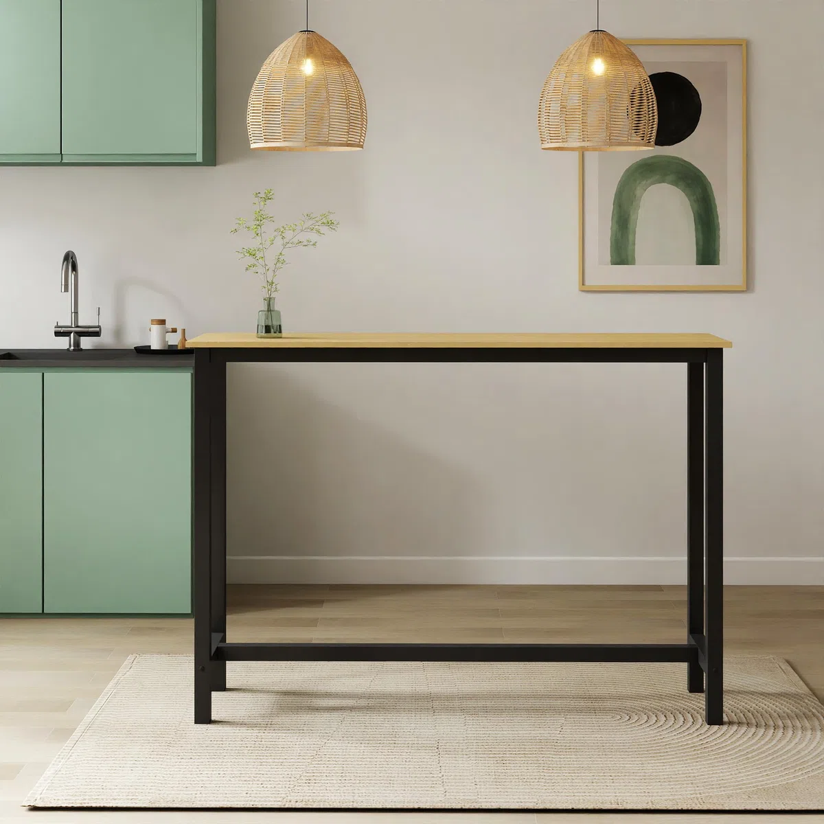 MB Muebles Bonitos, Tavolo Alto da bar Ani, Barra da cucina in Stile Minimalista con Gambe in Metallo, Melamina Opaca, Nero e Sonoma, 140x100x40 cm