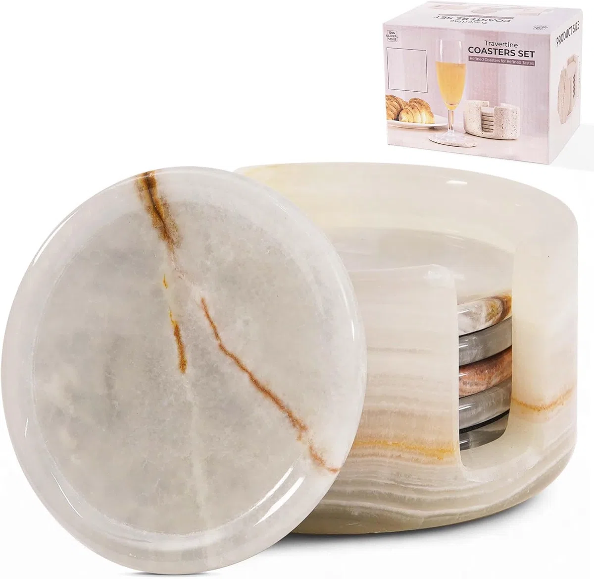 Radicaln Set di sottobicchieri rotondi in marmo per bevande da 8,9 cm in onice verde, fatti a mano, set di sottobicchieri da ufficio, contenitori da cucina, sottobicchieri (White Onyx)