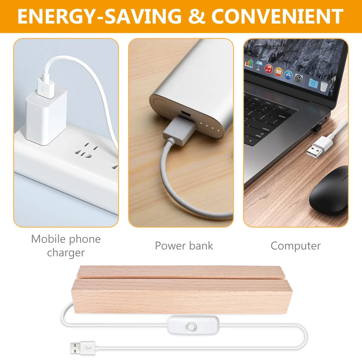 BORDEAG LED Luci Display Base, 4 Pezzi Base Luce Led Legno con USB, Base Rettangolare con Led per Lastra in Acrilico, Lastra in Cristallo, Lunghezza 15 cm, Bianco Caldo