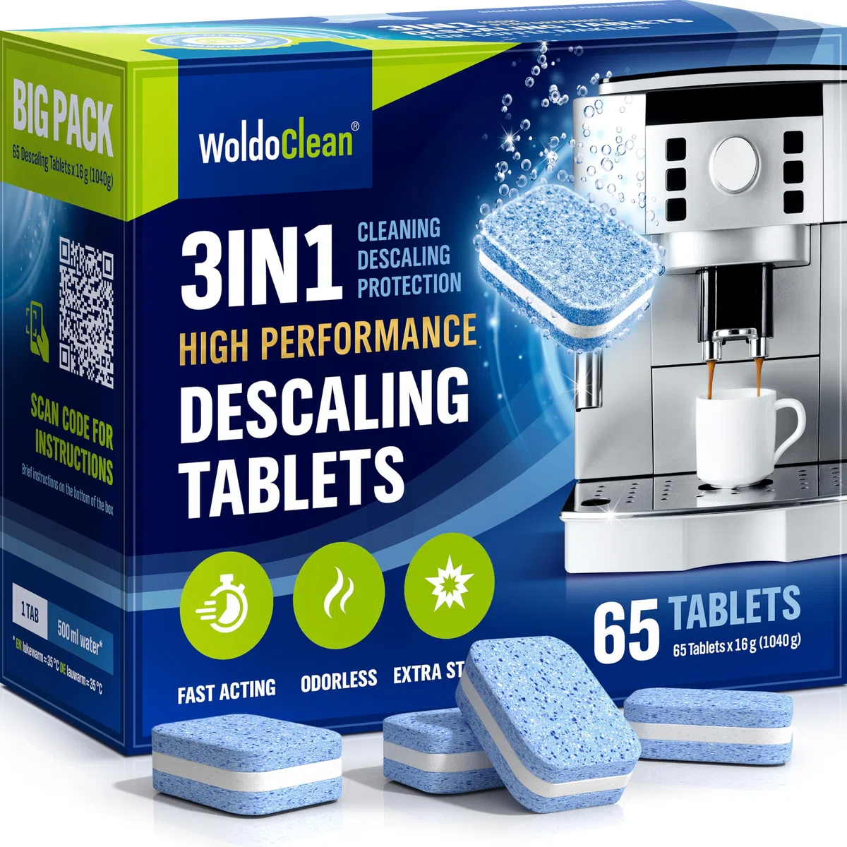 WoldoClean Compresse decalcificanti 3 in 1, 65 pezzi, ermetiche in blister, pastiglie anticalcare compatibili con DeLonghi, Siemens, Jura & Philips