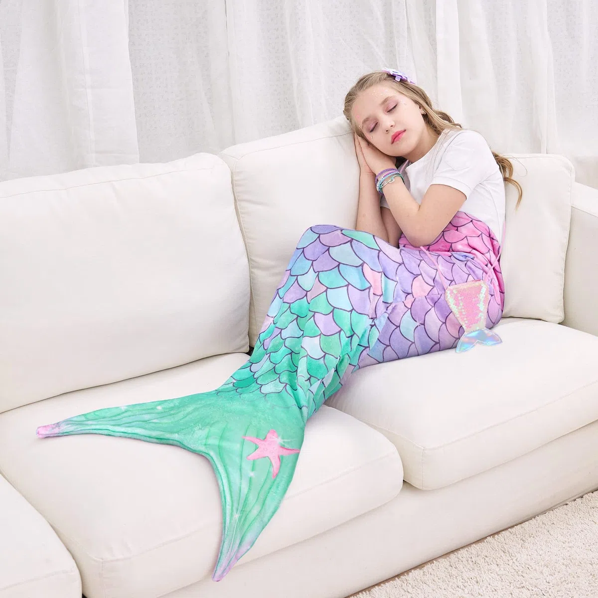 WERNNSAI Coperta con Coda di Sirena per Bambini - Coperta Indossabile con Sirena in Peluche con Paillettes Borsello portamonete 140 x 60 cm Sacco a Pelo Calda per Adolescenti Regalo (Rosa & Grün)