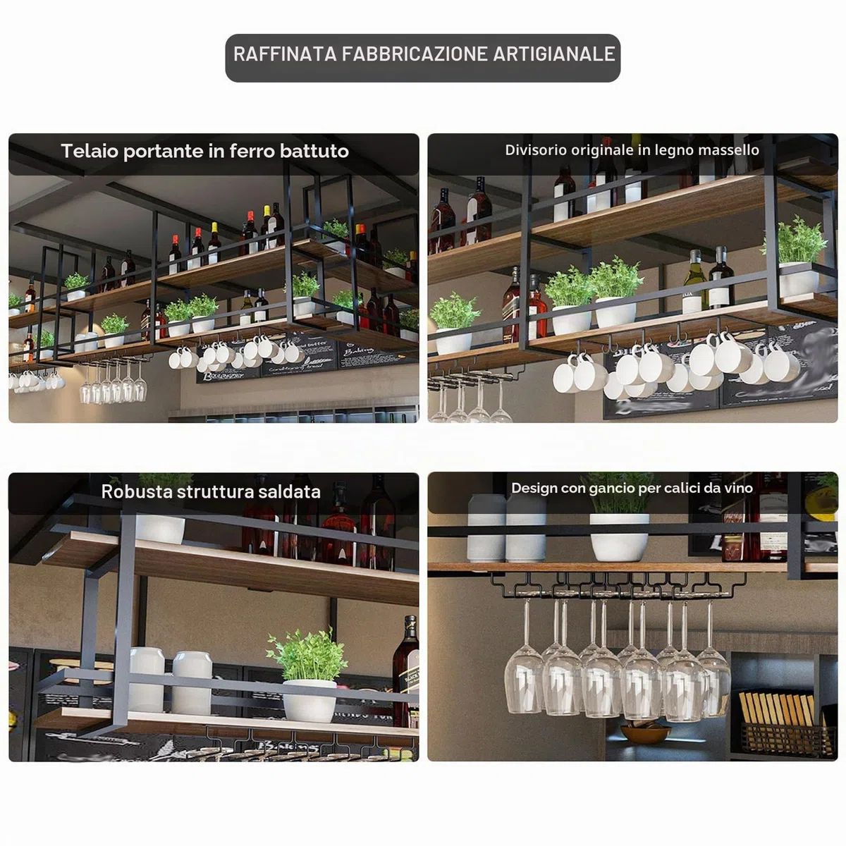 Portabottiglie da Soffitto - Mensola da Soffitto Porta Bicchiere da vino Sospeso, Portabottiglie da Appendere Industriale 2 strati per Cucina Bar Caffetteria (100×30×80cm, Black)