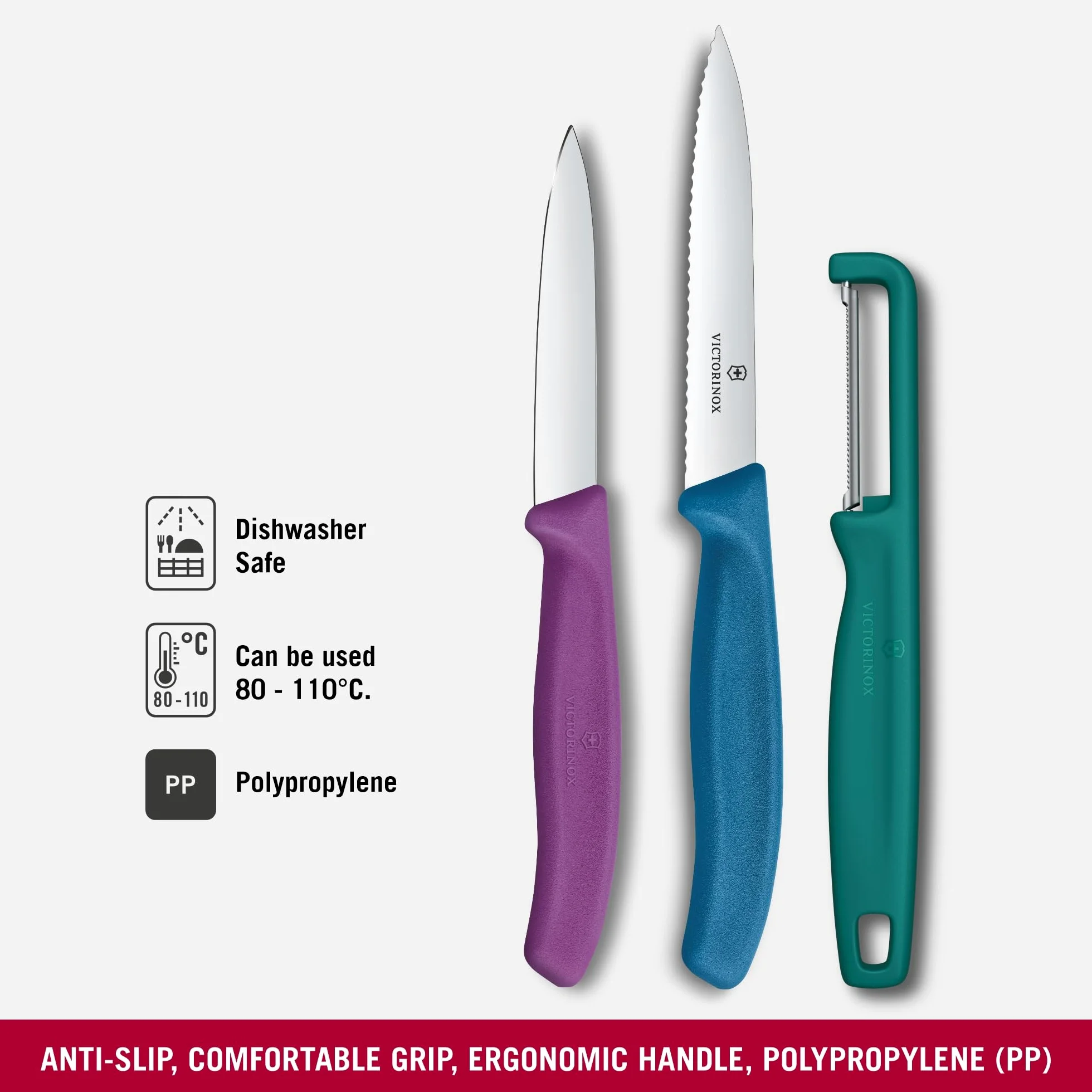 Victorinox Swiss Classic Set di coltelli per verdure con pelapatate, spelucchino e coltello per pomodori, 3 pezzi, lama diritta e seghettata, acciaio inox, Colorato
