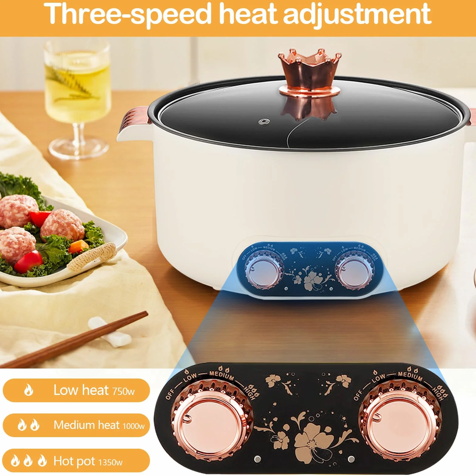 Pentola Elettrica, Pentola per Friggere da 5 Litri con Design a Scomparti Vaporiera Elettrica Antiaderente da 1350 W con 3 Regolazioni di Potenza per Cucinare in Pentola Preparare Zuppe Cucinare Noodl