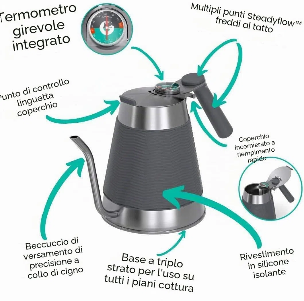 Bollitore True Brew di Coffee Gator - Bollitore professionale pour over, con beccuccio di precisione a collo d’oca, termometro integrato e coperchio a riempimento rapido - 1,6l