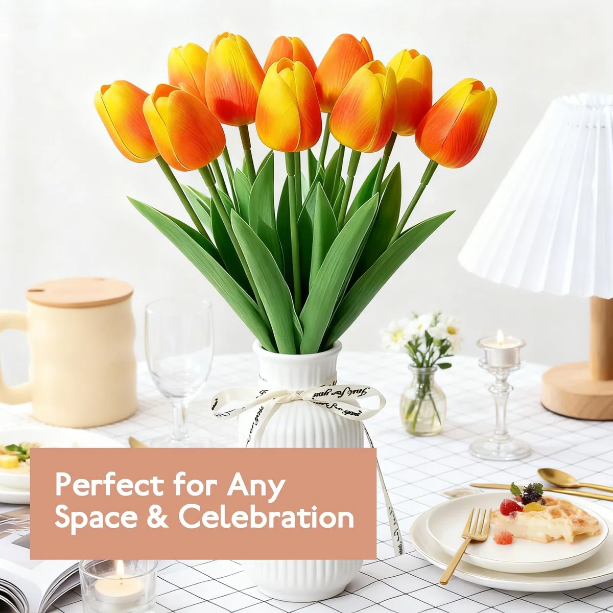 10 Tulipani Artificiali Arancioni - Mazzo di Calore, Energia e Gioia, Decorazione Floreale per Tavolo, Ufficio, Matrimonio, Festa & Finestre dell'Hotel