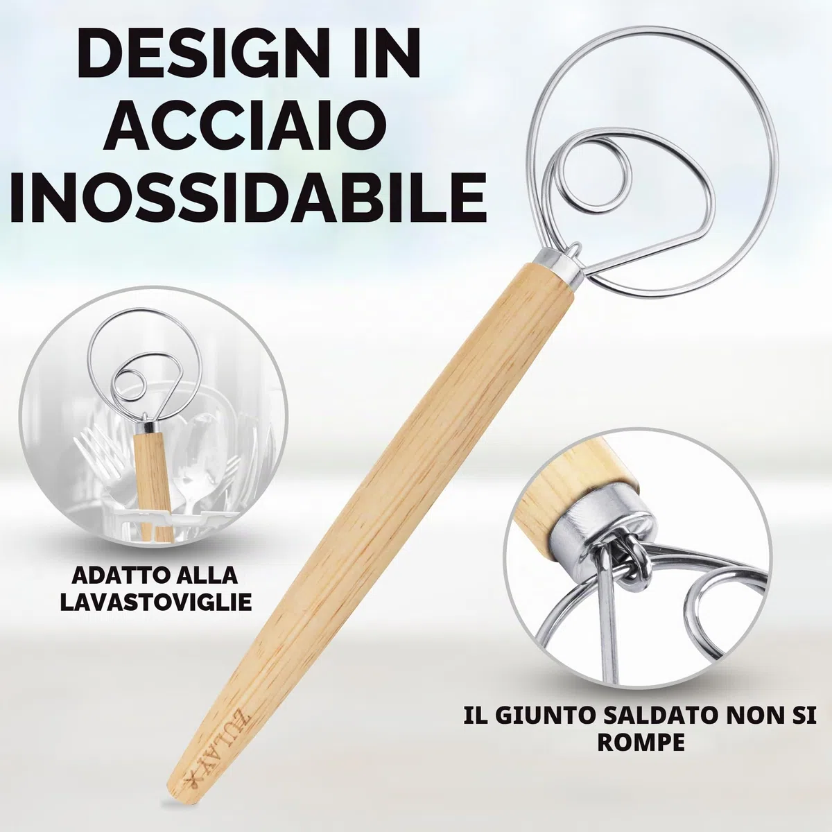 Zulay - Frusta danese per impasto, grande, 33 cm, in acciaio inox e legno danese, frullatore artigianale in stile olandese per pane, pastella, torta, pasticceria e altro ancora