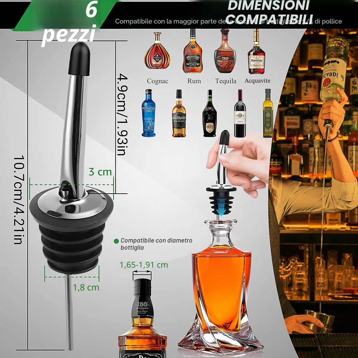 Versatori In Acciaio Inox,6 Pezzi Stainless Steel Liquor Pourer Versatore da Bottiglia con Tappo Versatori Cocktail Metal per Liquore Olio Cocktail Vino Succo Sciroppo Aceto