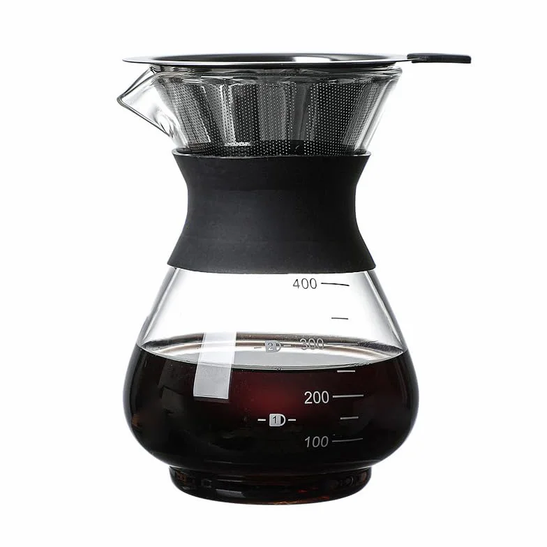 PIQIUQIU Versare sopra macchina da caffè 400ml, macchina da caffè in vetro Macchina da caffè a goccia manuale con filtro in acciaio inossidabile Polvere di Caffè Macinato