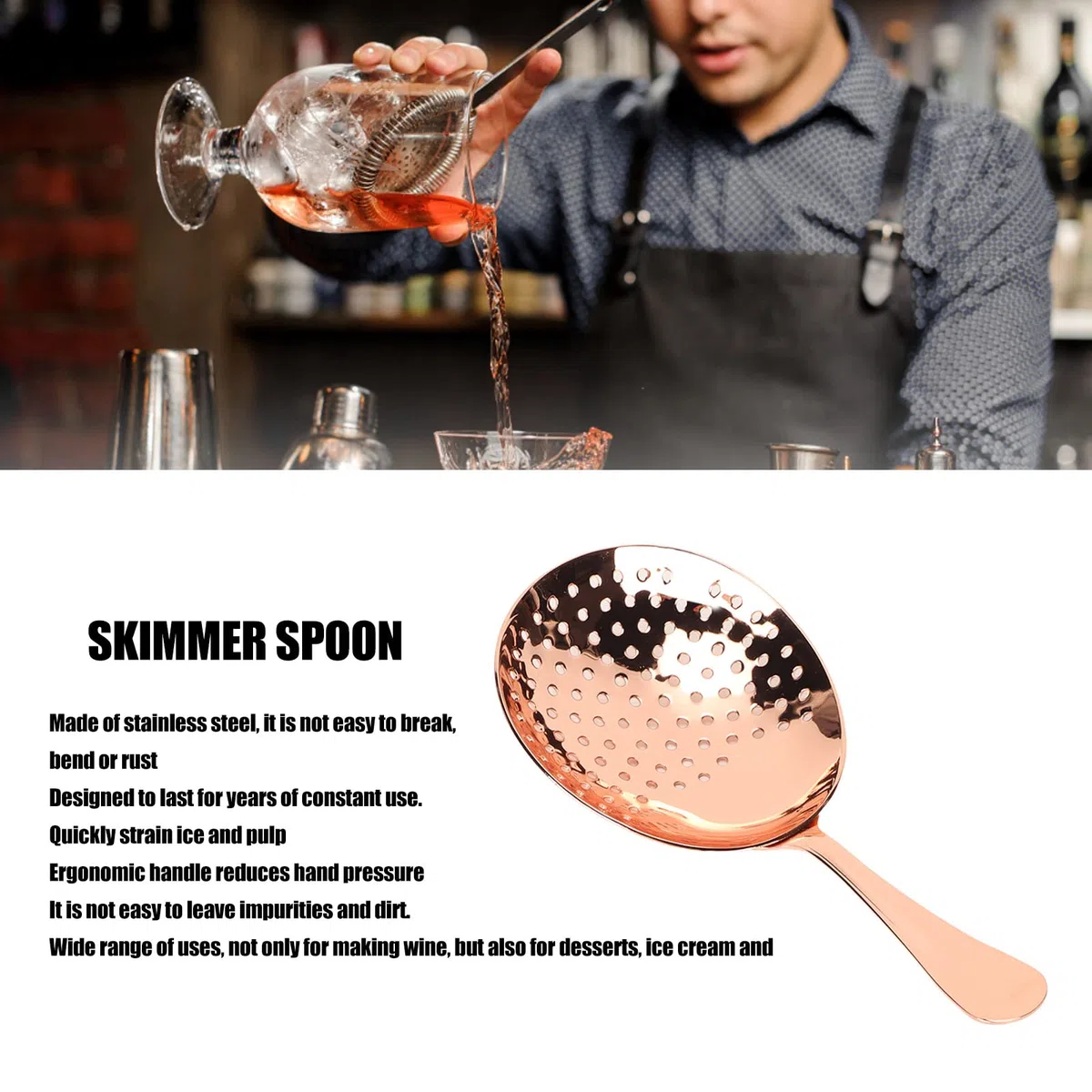 Julep Strainer, cucchiaio in acciaio inossidabile flessibile facile da pulire Applicazioni larghe per strumenti da bar per barman(Placcatura in rame)