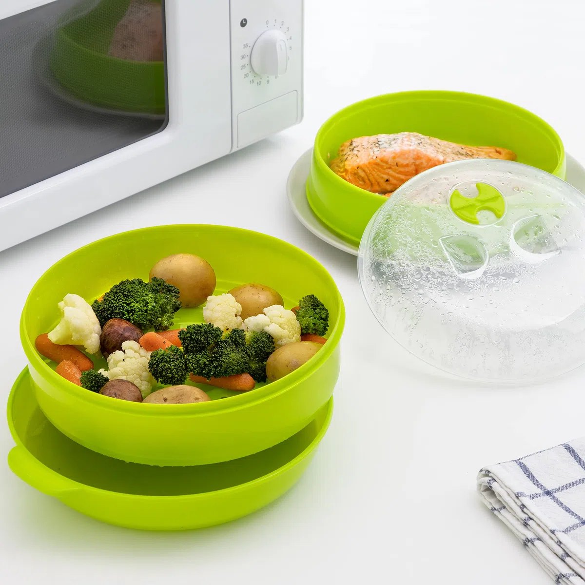 InnovaGoods - Vaporiera Doppia per Microonde Codowave, Cottura a Vapore Salutare, Facile da Usare e Pulire, PP Senza BPA, Verde, 22 x 12/17 cm, Plastica