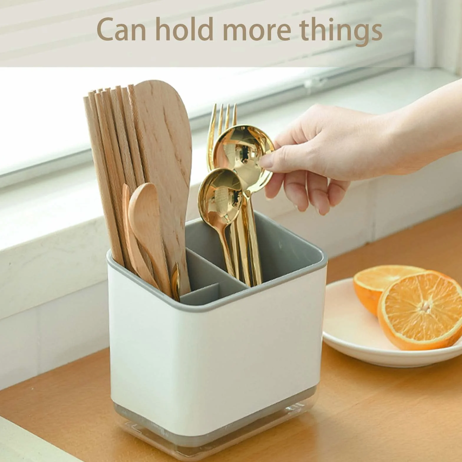 Scola Posate da Cucina, Portaposate, Porta Mestoli con 3 Scomparti per Lavello, Mestolo Silicone, per Riporre Coltelli, Forchette e Cucchiai