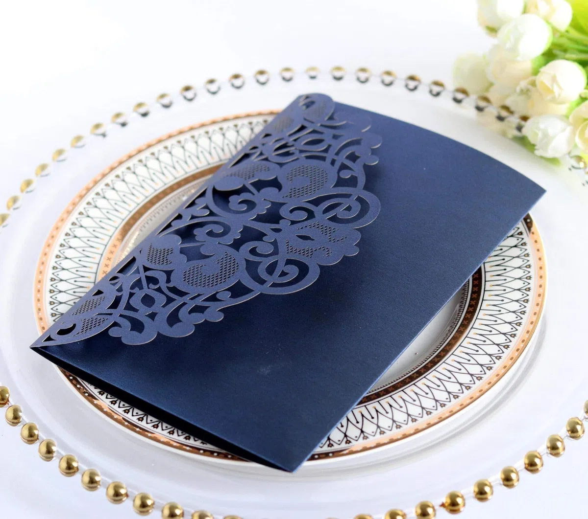 10 Pezzi Matrimonio Invito, Carte di Invito a Nozze, Hollow Floral Design, con 2 Carte Vuote, Blu Navy